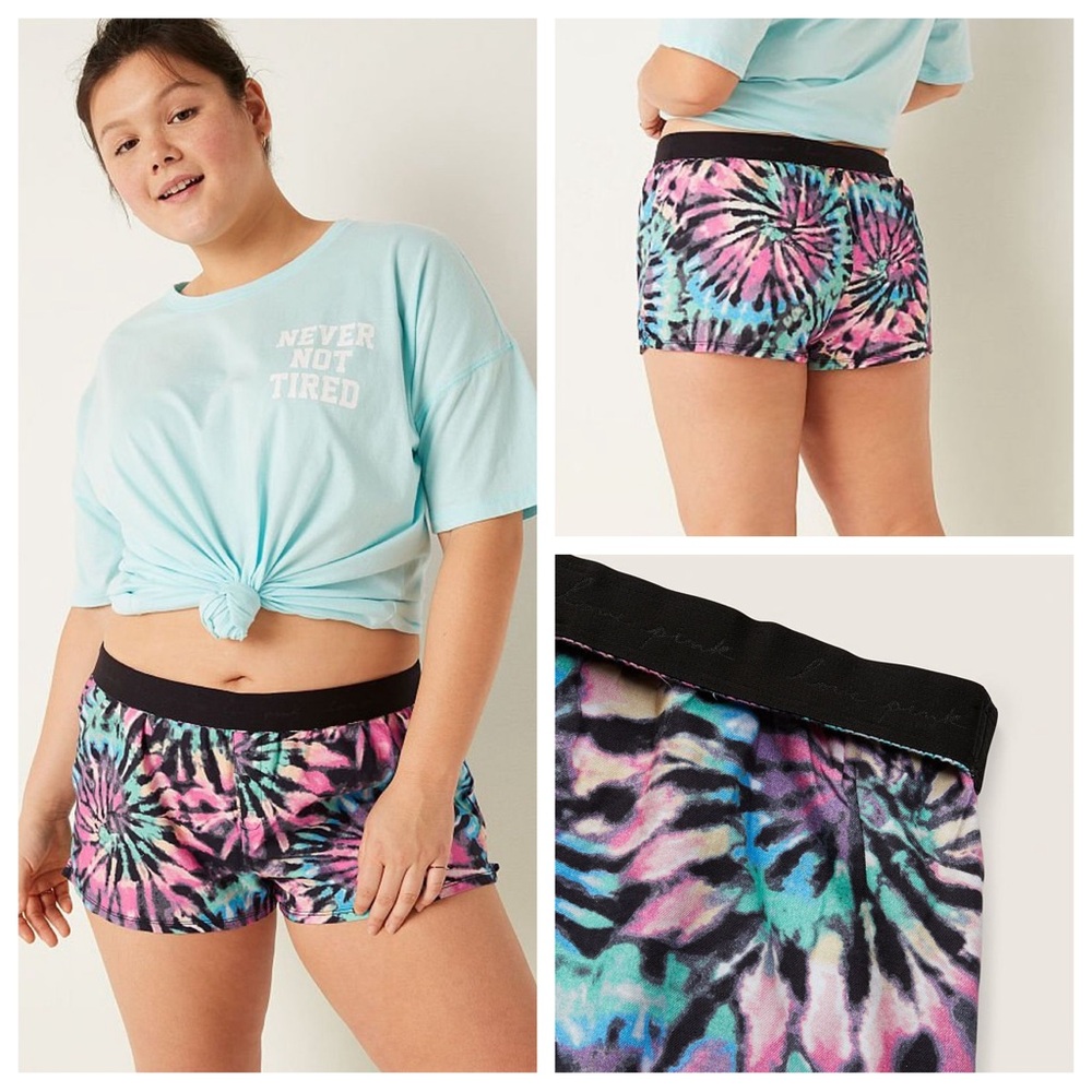 Vs Victorias Secret Pink Flannel Sleep Boxy Short Shortie Rainbow Tie Dye XXL